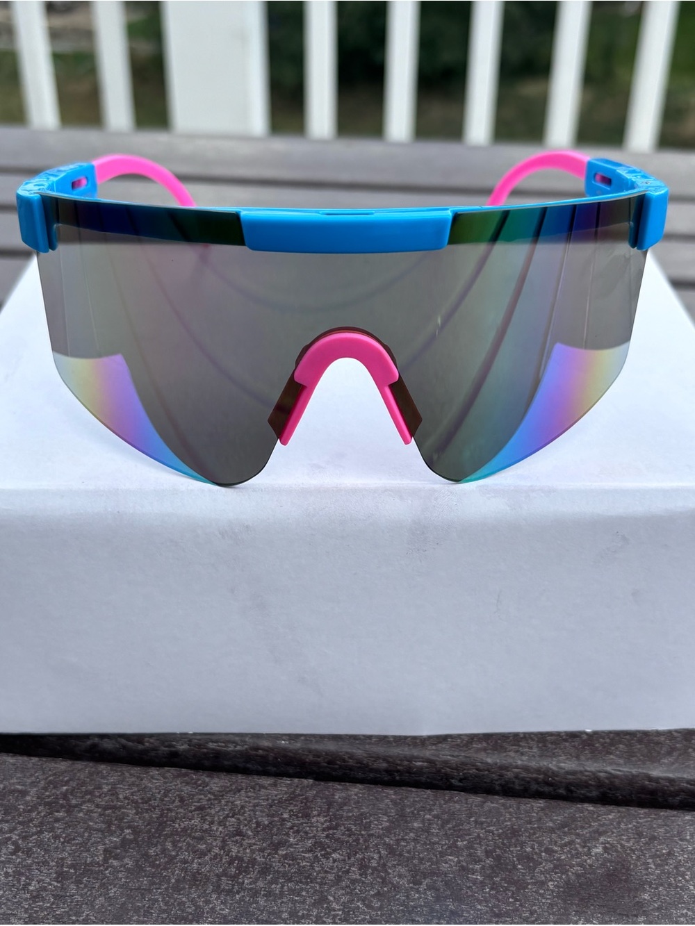 Blue and Pink Shield Sunglasses for Men - Sport Wraparound Style